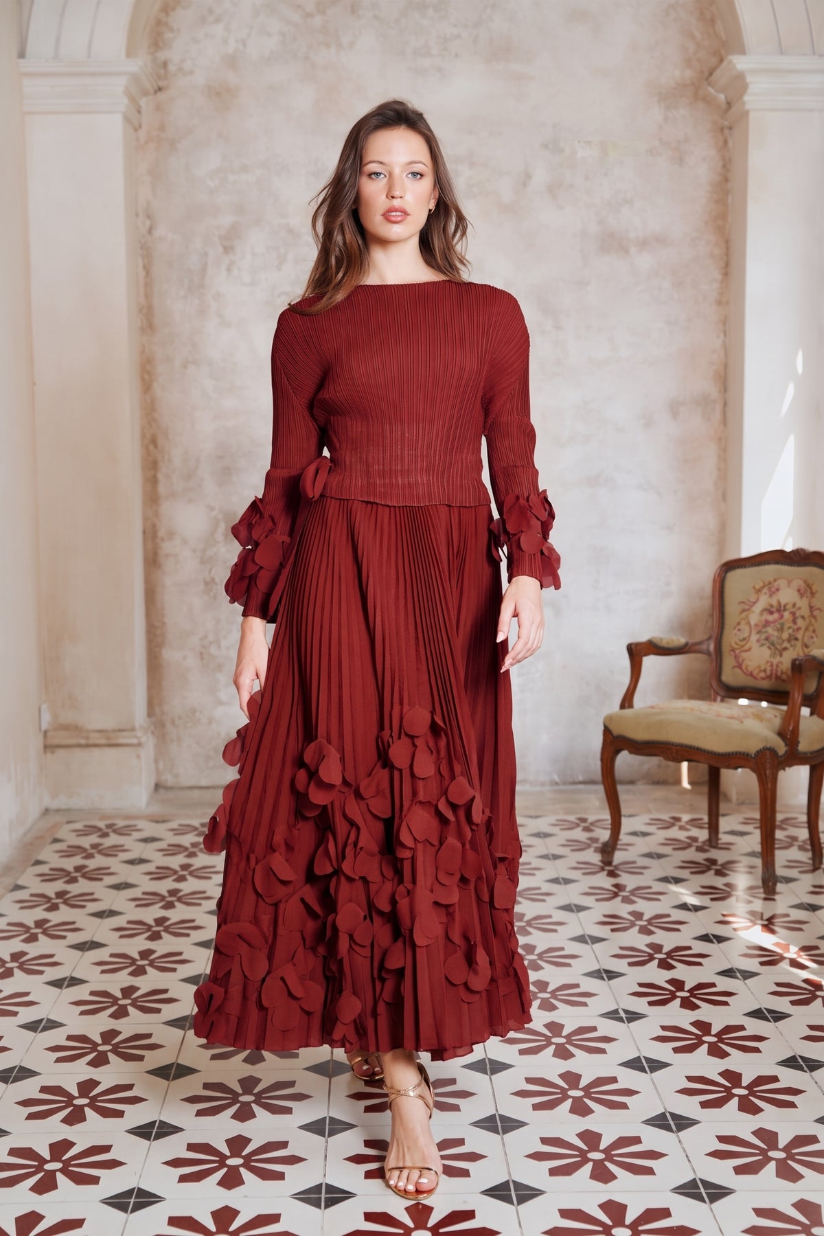 Floral Appliqué Pleated Maxi Dress with Side Tie Waist