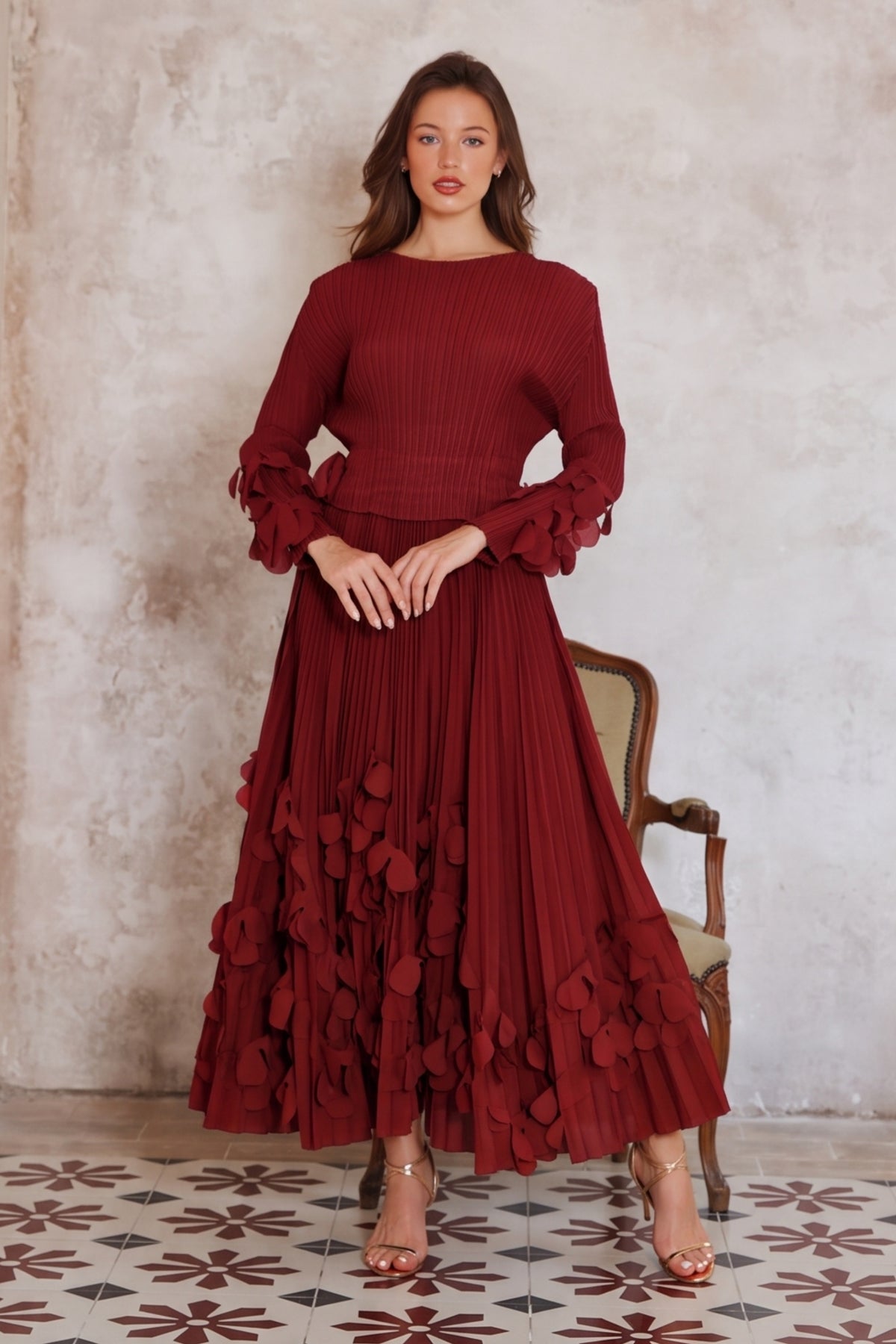 Floral Appliqué Pleated Maxi Dress with Side Tie Waist