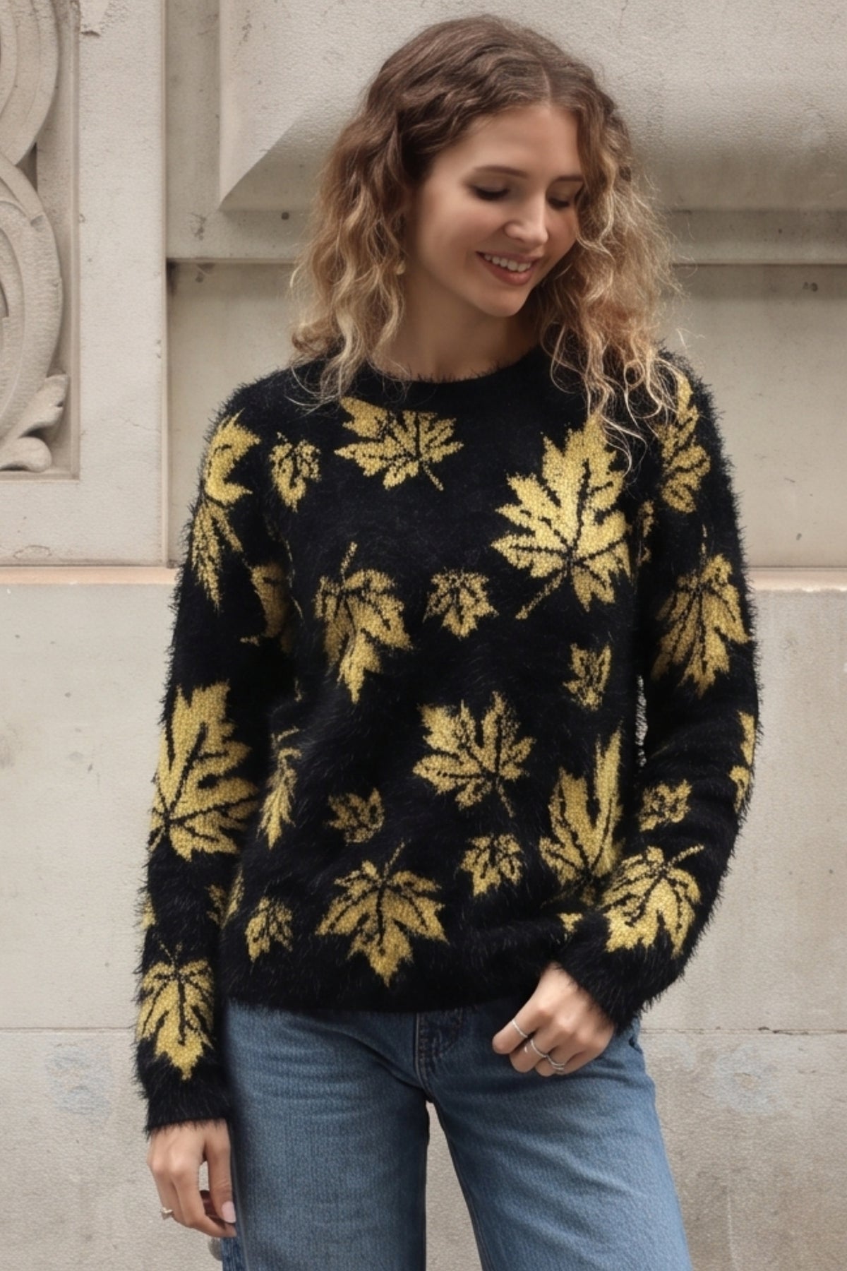 Leaves Print Neon Colour Fluffy Jumper (Yellow)