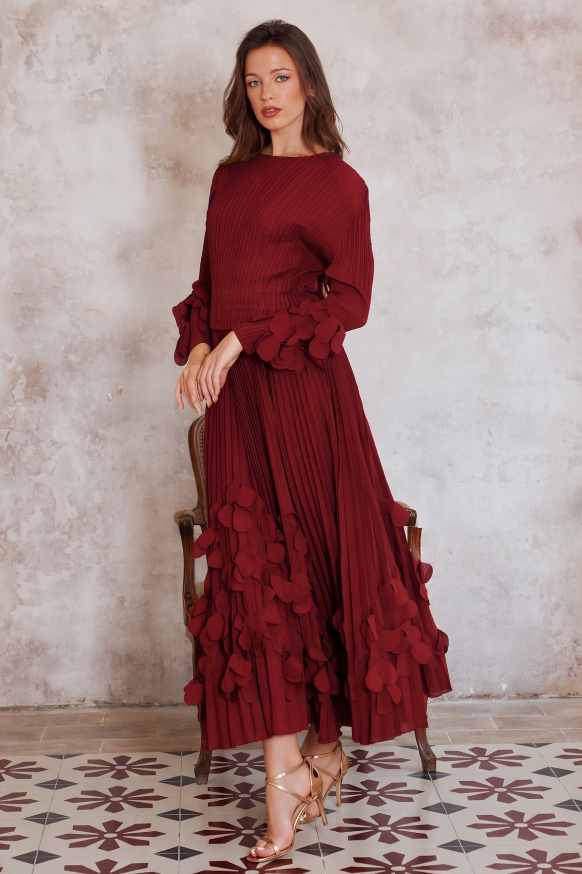 Floral Appliqué Pleated Maxi Dress with Side Tie Waist