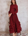 Floral Appliqué Pleated Maxi Dress with Side Tie Waist