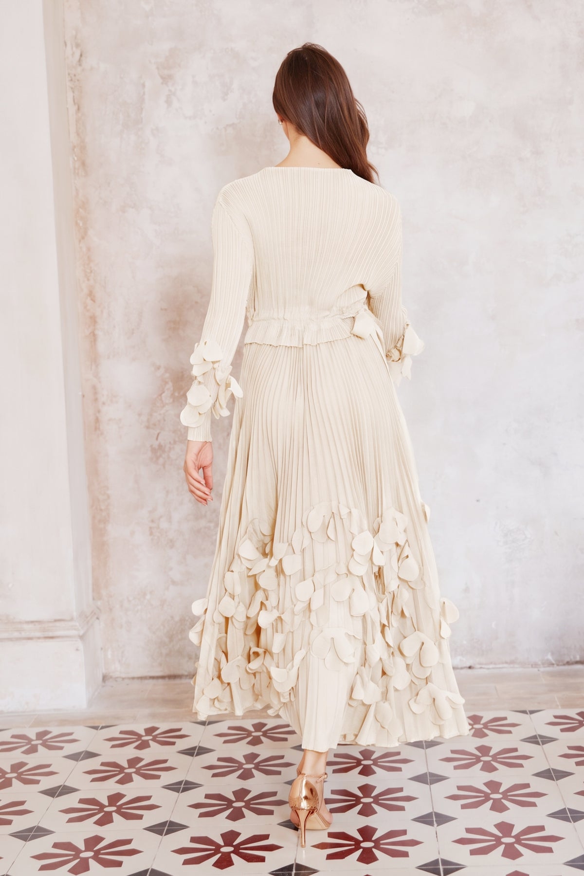Floral Appliqué Pleated Maxi Dress with Side Tie Waist