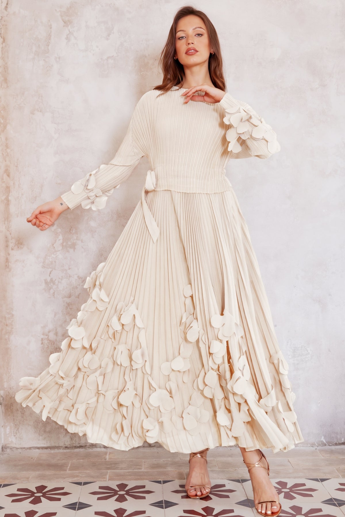 Floral Appliqué Pleated Maxi Dress with Side Tie Waist