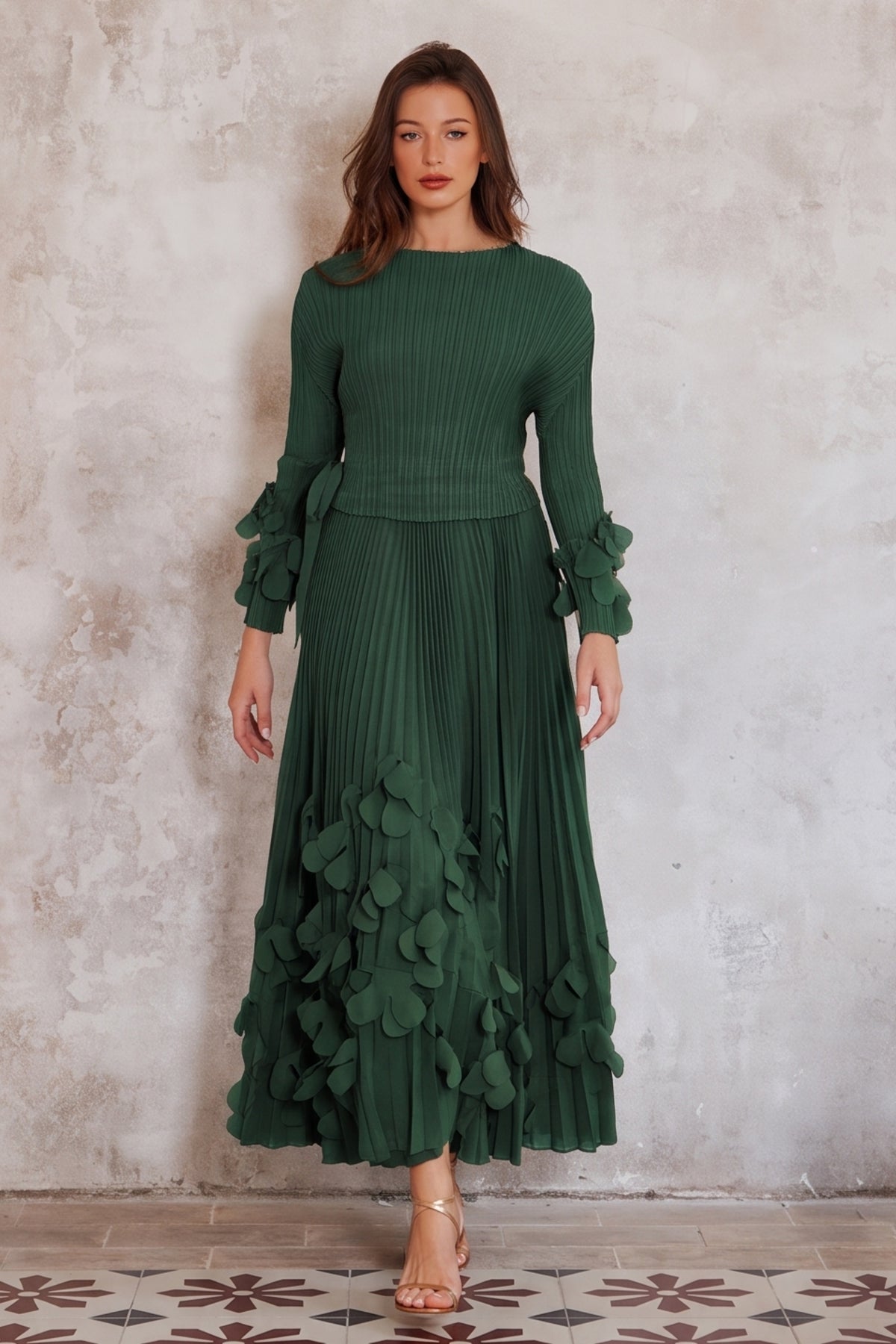 Floral Appliqué Pleated Maxi Dress with Side Tie Waist