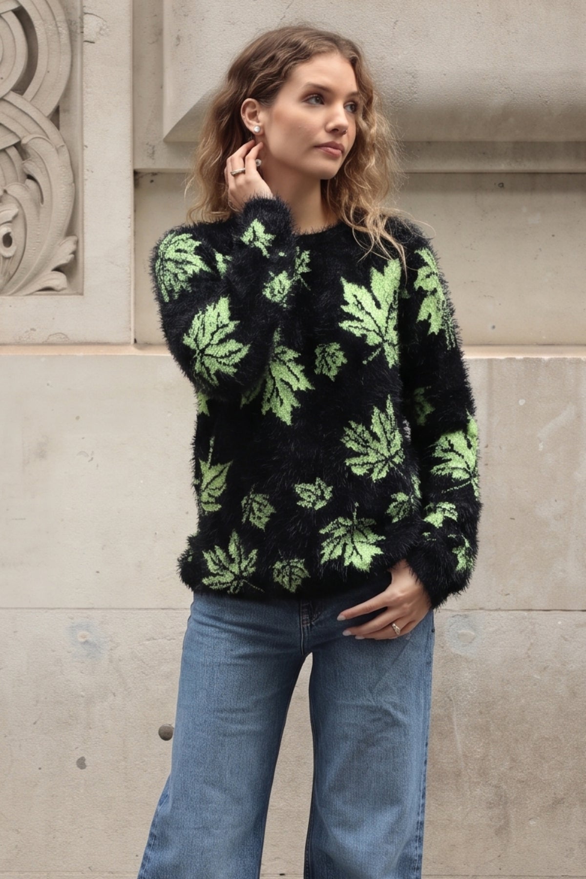 Leaves Print Neon Colour Fluffy Jumper