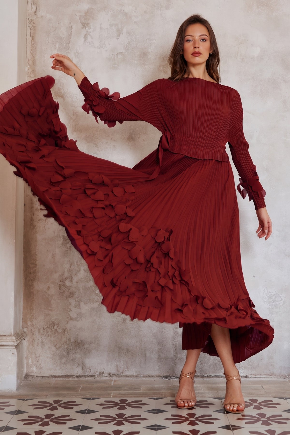Floral Appliqué Pleated Maxi Dress with Side Tie Waist
