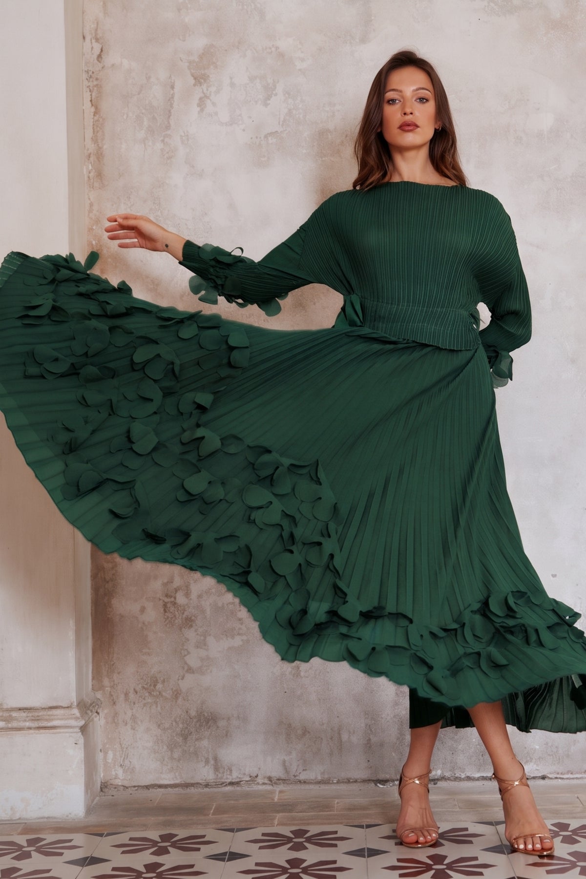 Floral Appliqué Pleated Maxi Dress with Side Tie Waist