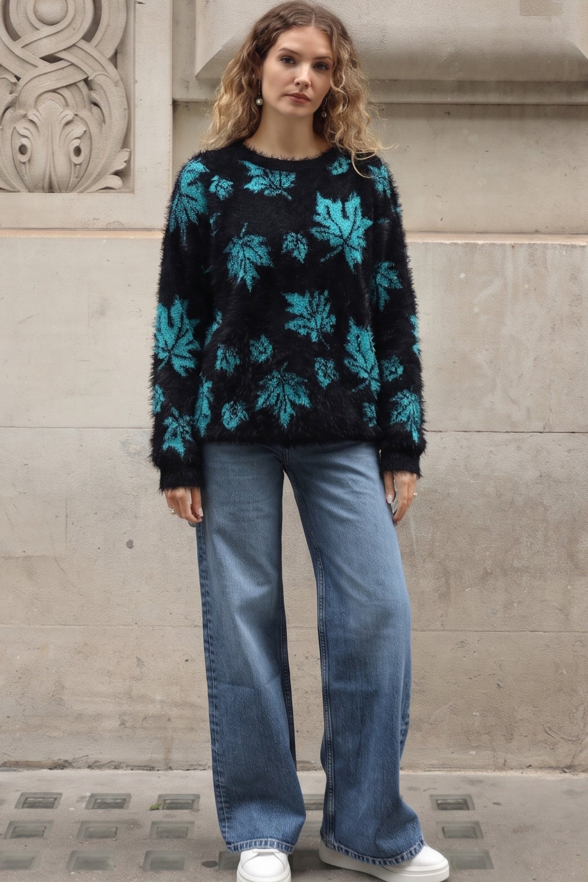 Leaves Print Neon Colour Fluffy Jumper (Blue)