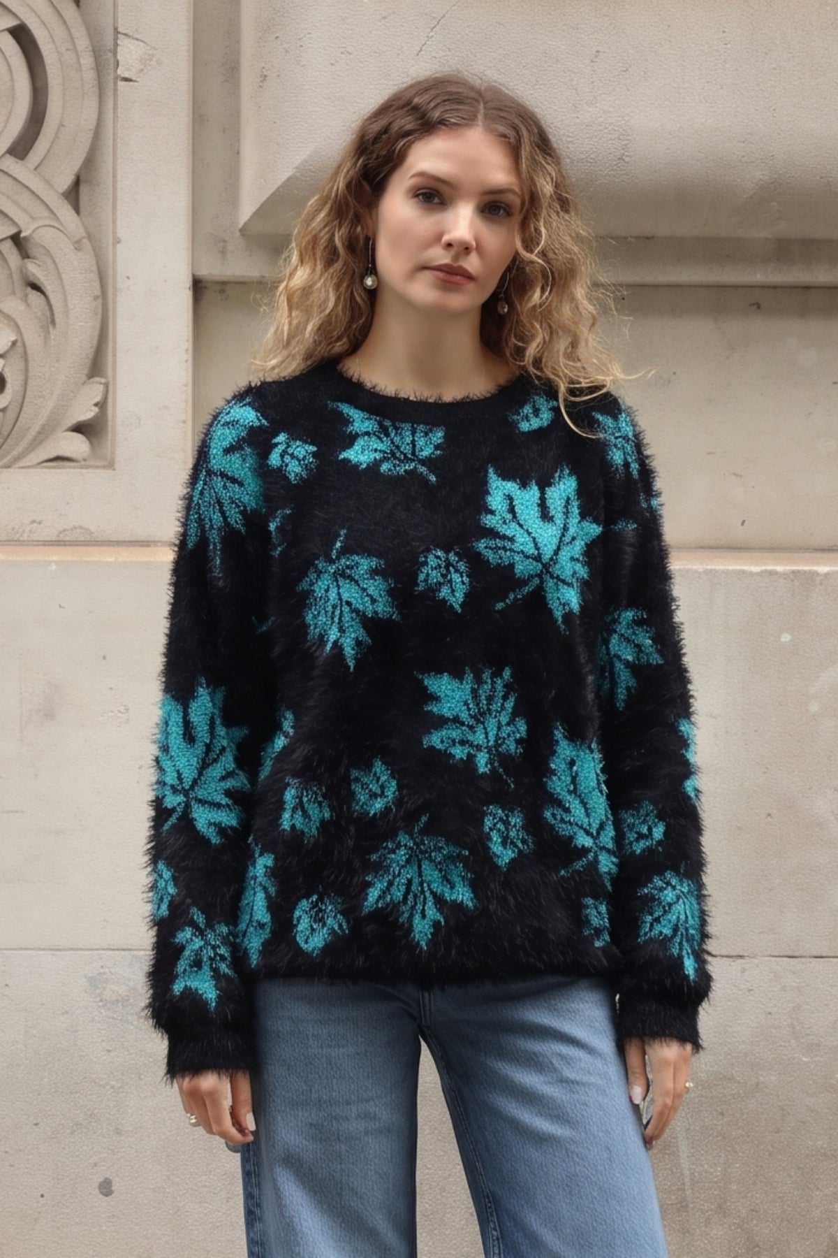 Leaves Print Neon Colour Fluffy Jumper (Blue)