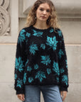 Leaves Print Neon Colour Fluffy Jumper (Blue)