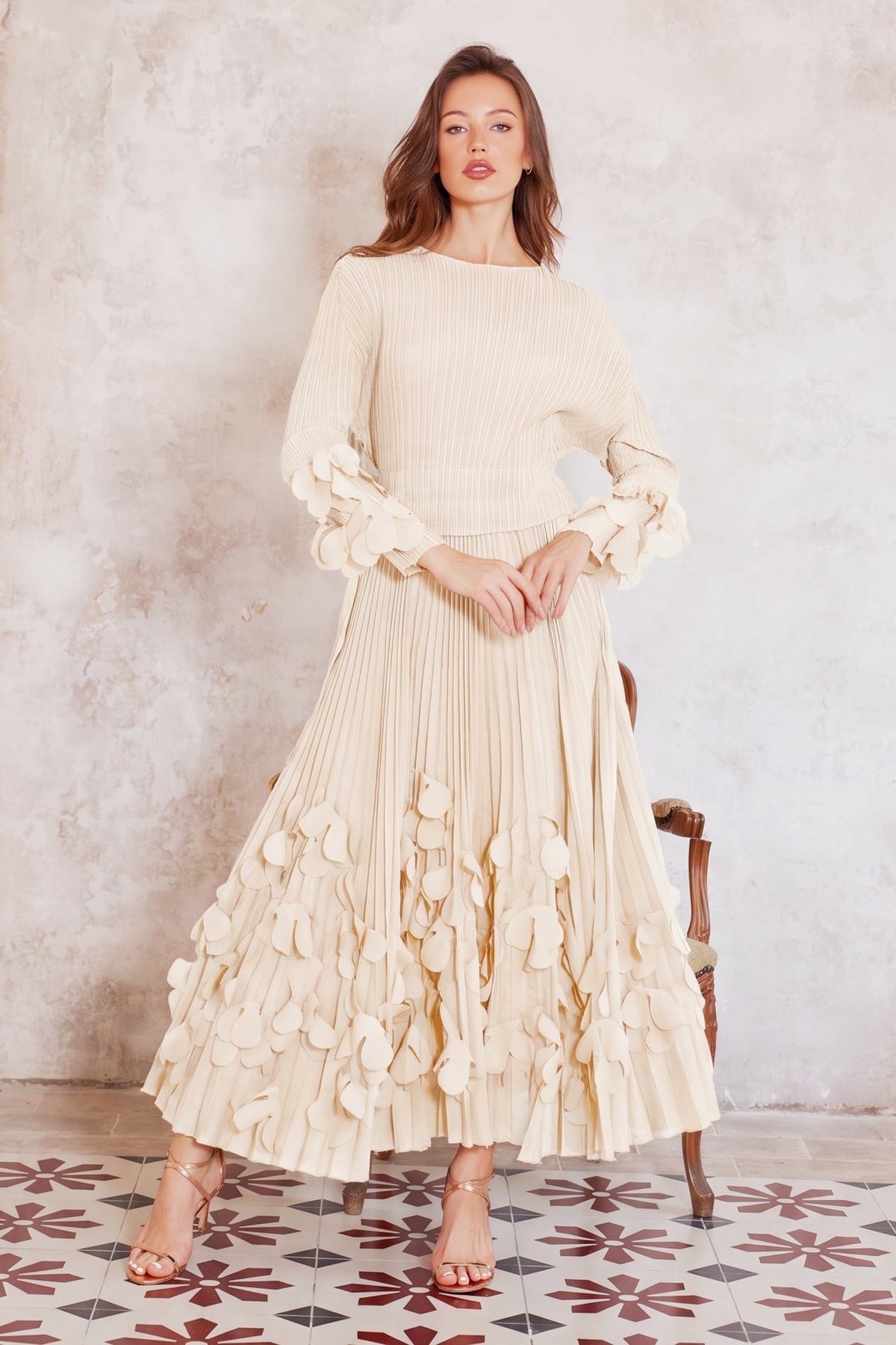 Floral Appliqué Pleated Maxi Dress with Side Tie Waist