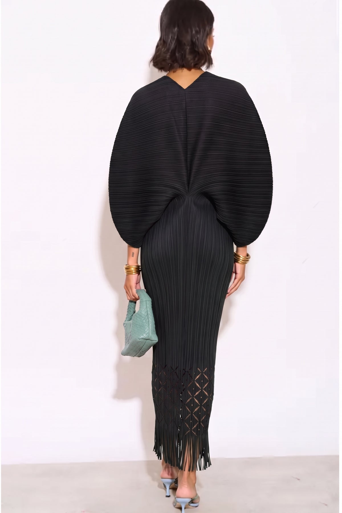 Floral Cutwork Pleated Kimono Sleeve Midi Dress