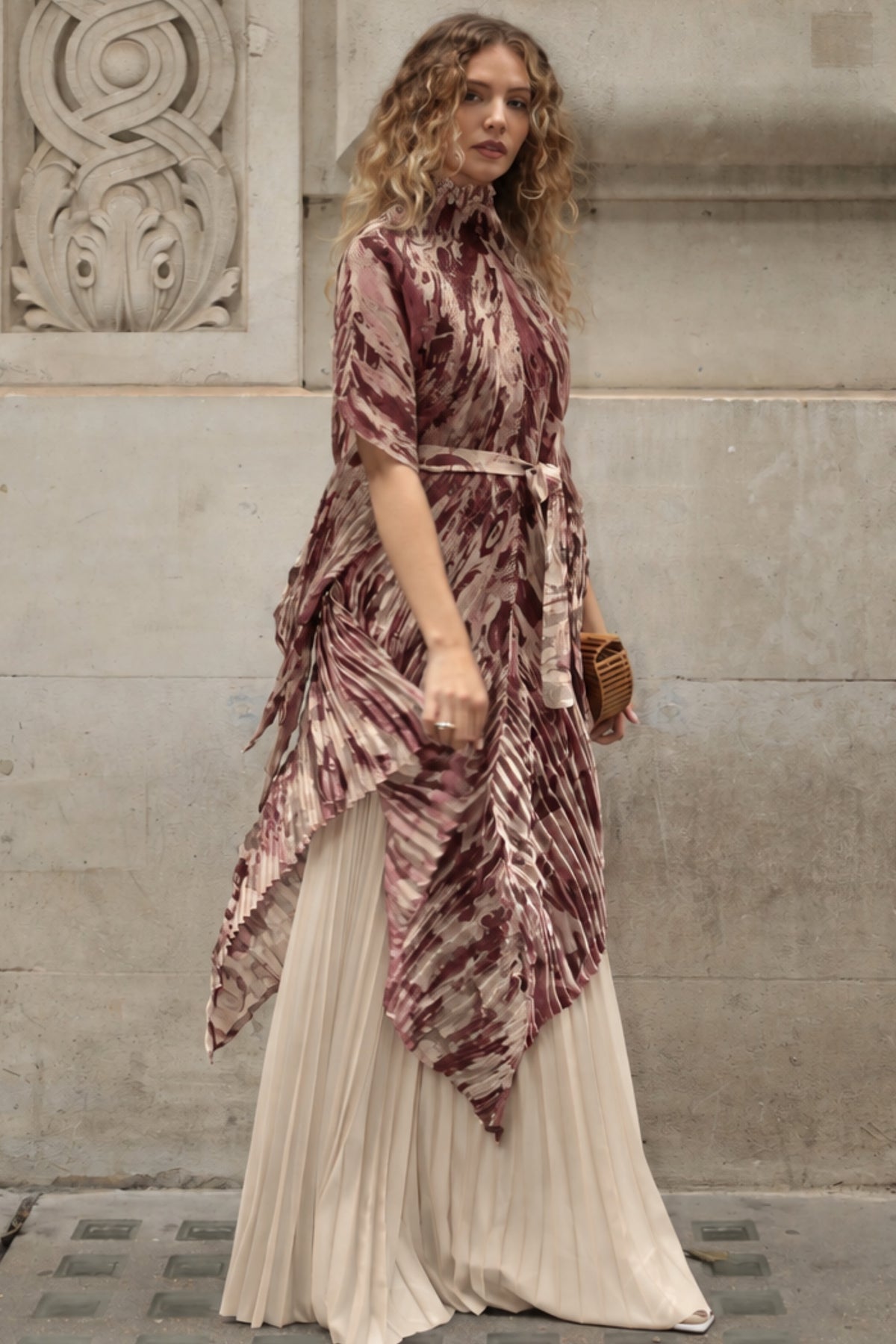 Pattern Print Pleated Blouse &amp; Trousers Set