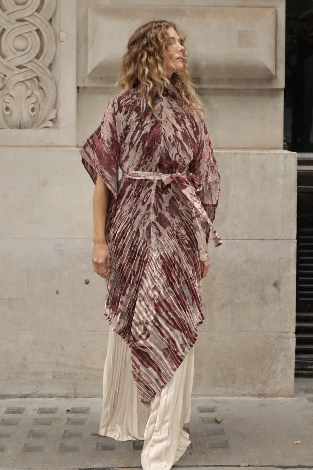 Pattern Print Pleated Blouse &amp; Trousers Set
