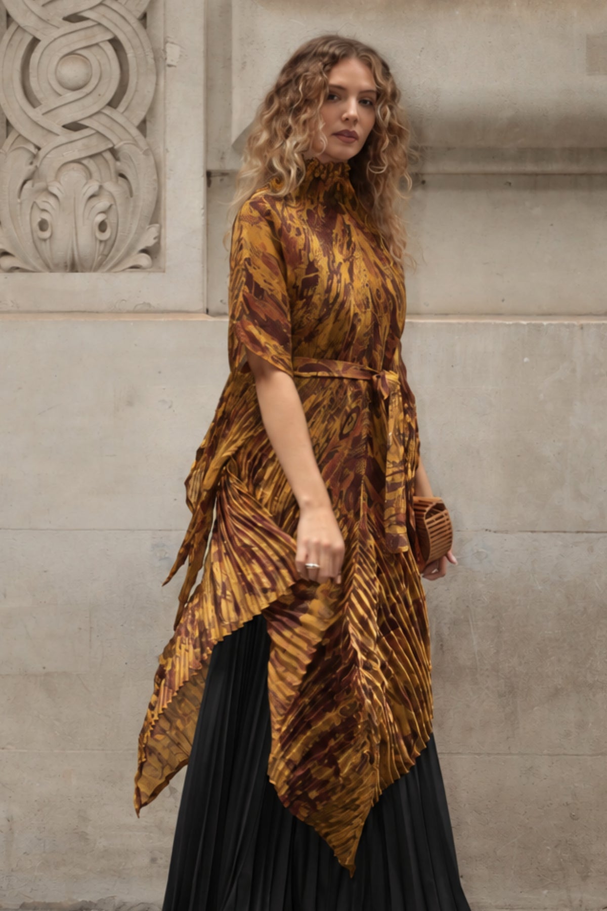 Pattern Print Pleated Blouse &amp; Trousers Set