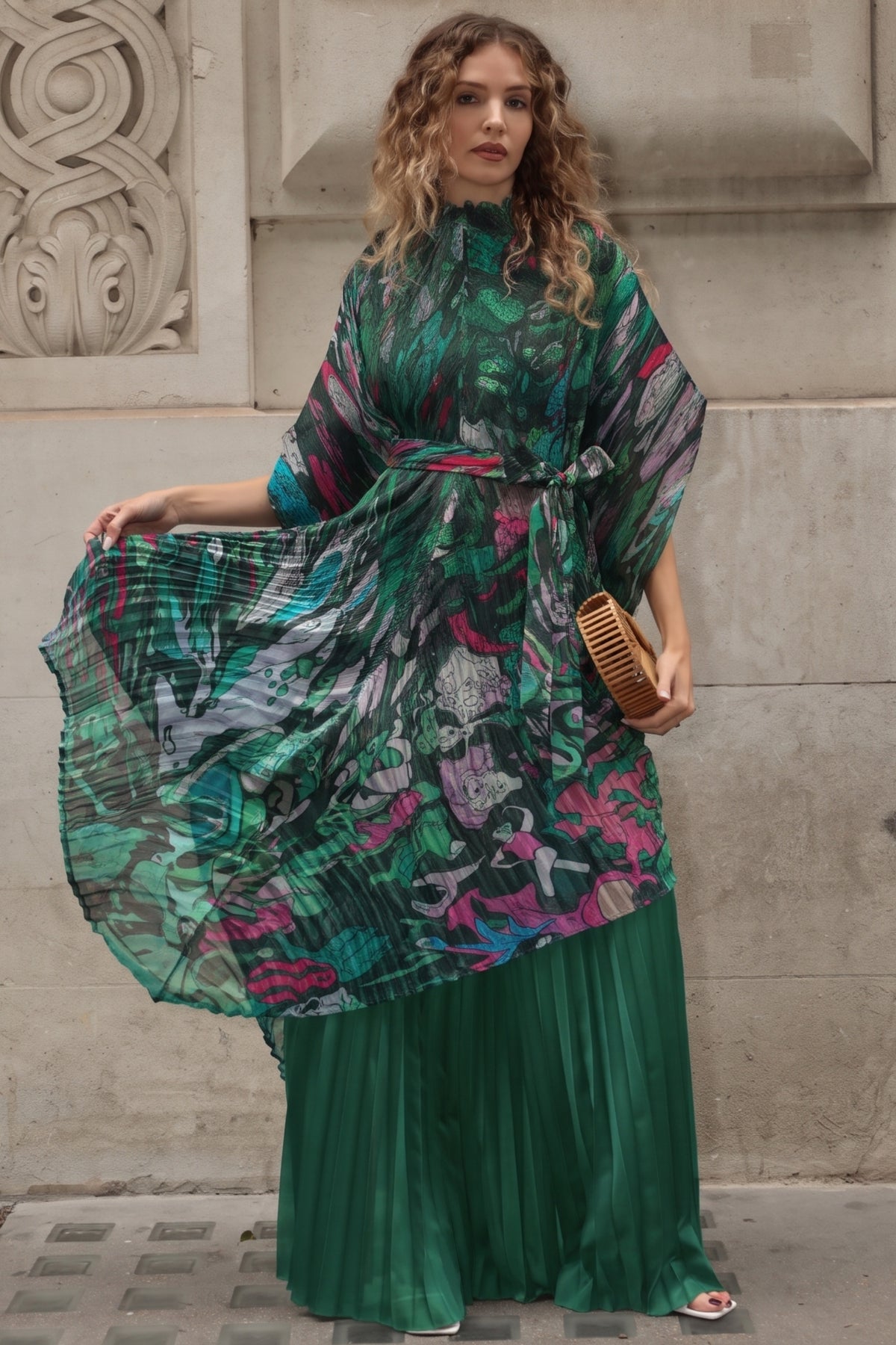 Pattern Print Pleated Blouse &amp; Trousers Set