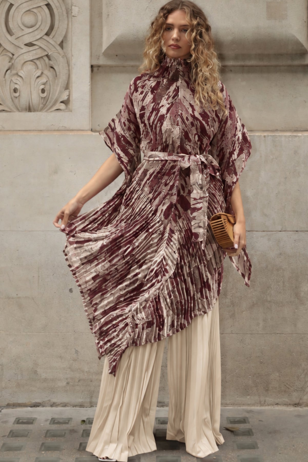 Pattern Print Pleated Blouse &amp; Trousers Set