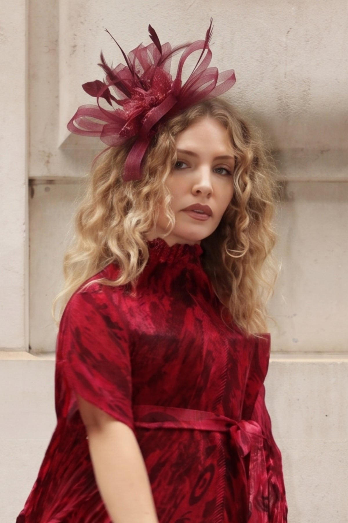 Feather &amp; Floral Fascinator Headband In Burgundy
