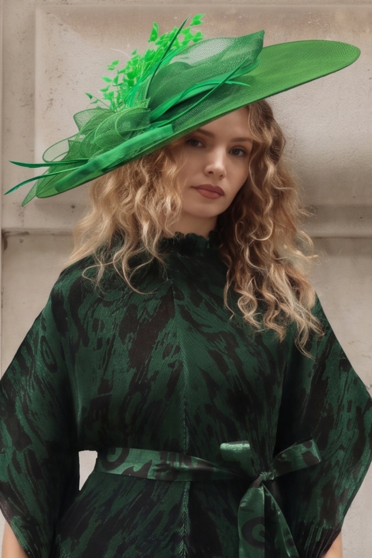 Statement Fascinator Hat With Feather Detail In Green