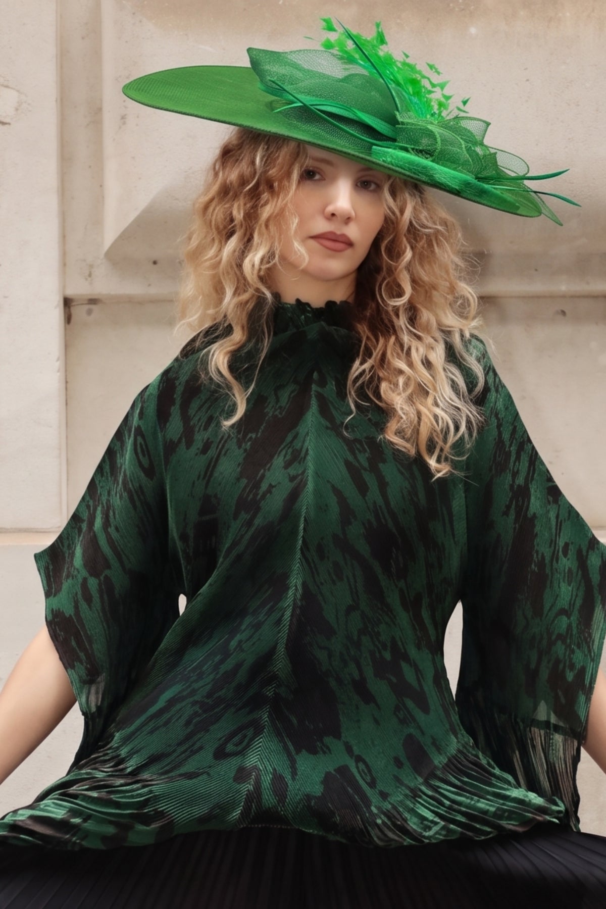 Statement Fascinator Hat With Feather Detail In Green