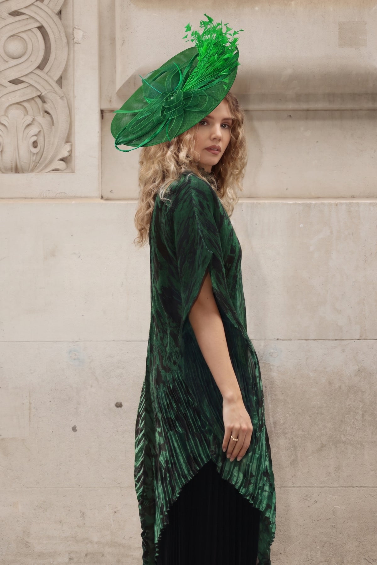Statement Fascinator Hat With Feather Detail In Green