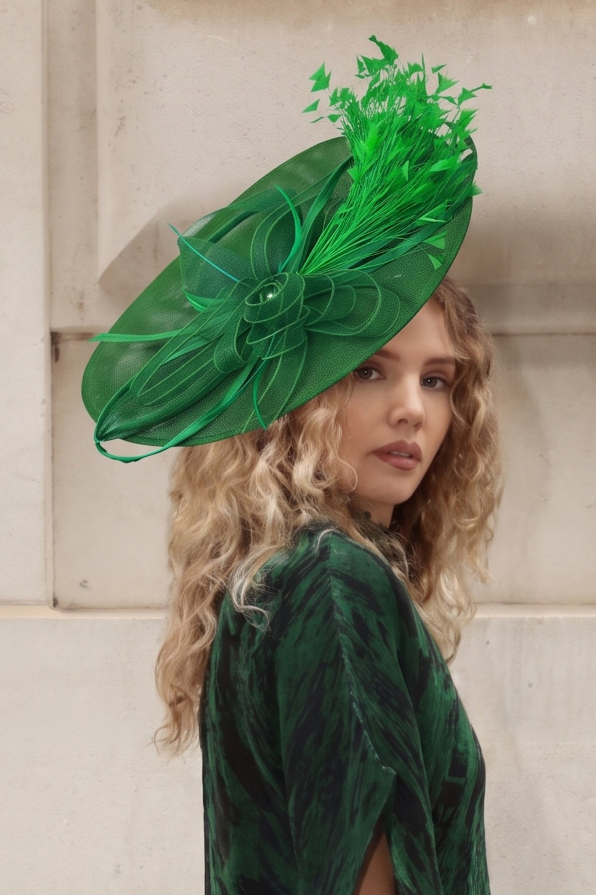 Statement Fascinator Hat With Feather Detail In Green