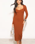Soft Knitted Ribbed Midi Bodycon Dress Long Sleeve In Brown