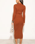 Soft Knitted Ribbed Midi Bodycon Dress Long Sleeve In Brown