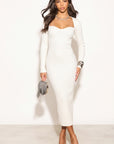Soft Knitted Ribbed Midi Bodycon Dress Long Sleeve In White