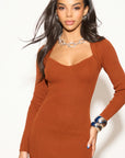 Soft Knitted Ribbed Midi Bodycon Dress Long Sleeve In Brown