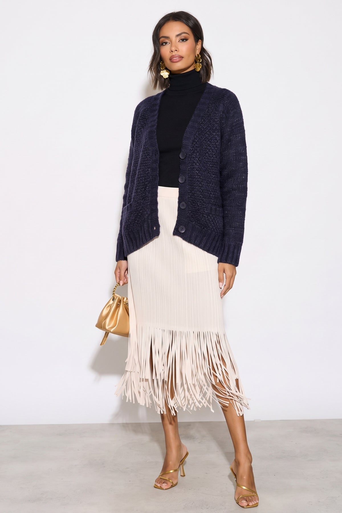 Navy color Cable Knitted Front Pockets Cardigan