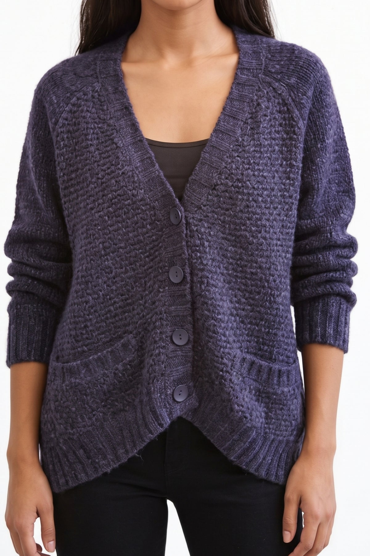 Navy color Cable Knitted Front Pockets Cardigan