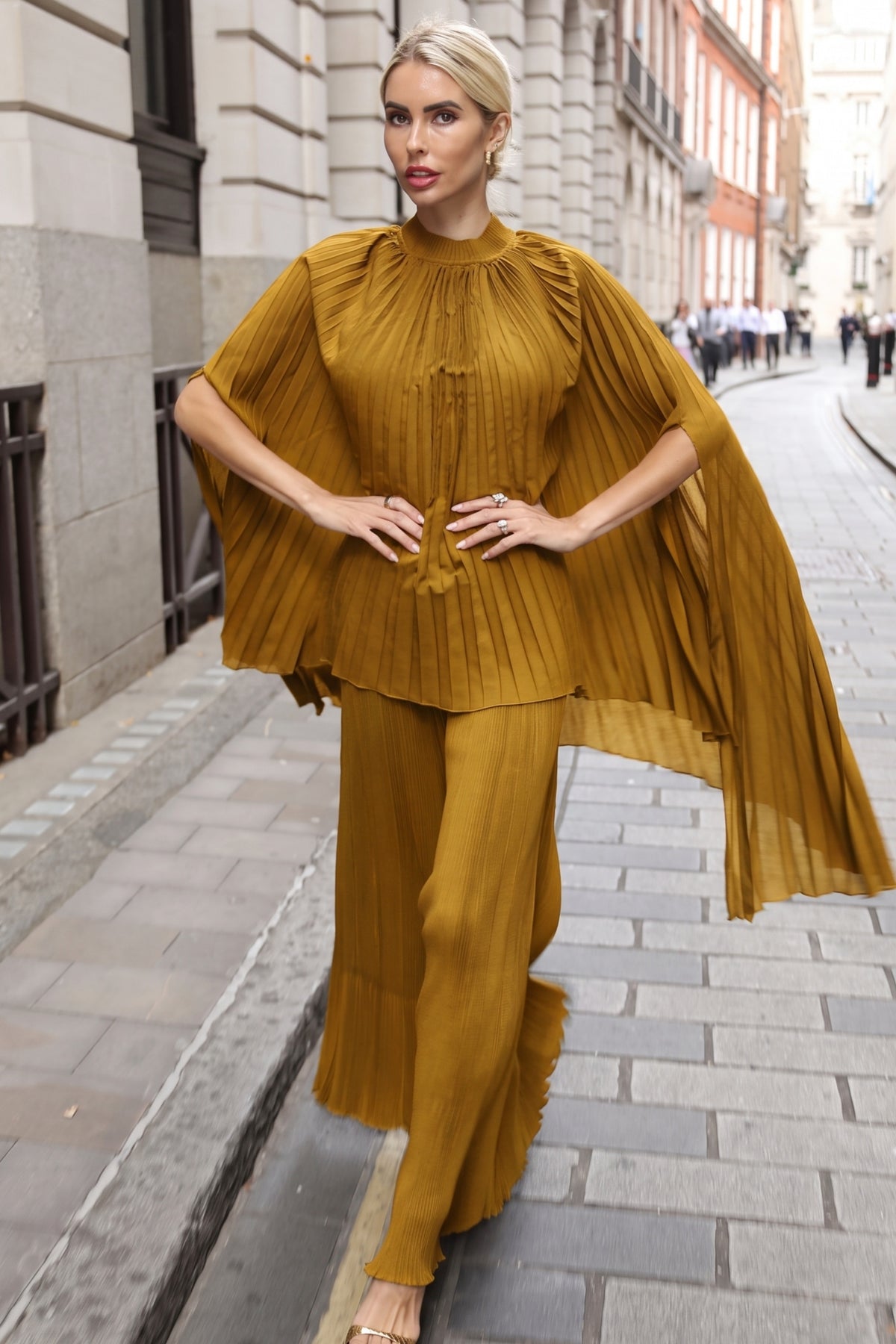 Pleated Cape Top, Vest &amp; Wide Leg Trouser Set In Mustard Yellow