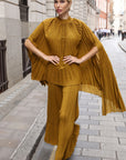Pleated Cape Top, Vest & Wide Leg Trouser Set In Mustard Yellow