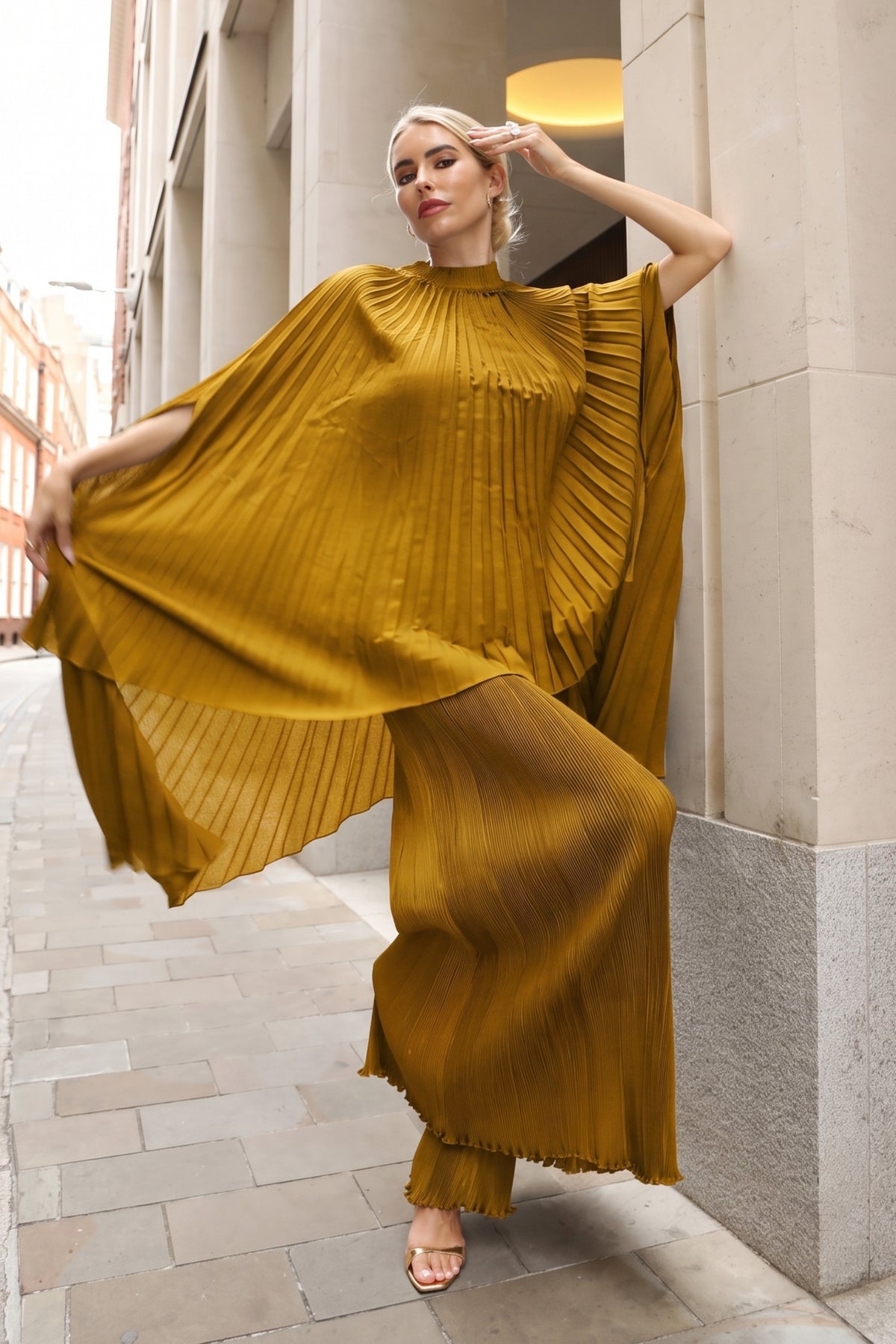 Pleated Cape Top, Vest &amp; Wide Leg Trouser Set In Mustard Yellow