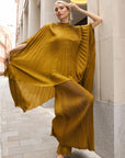 Pleated Cape Top, Vest & Wide Leg Trouser Set In Mustard Yellow