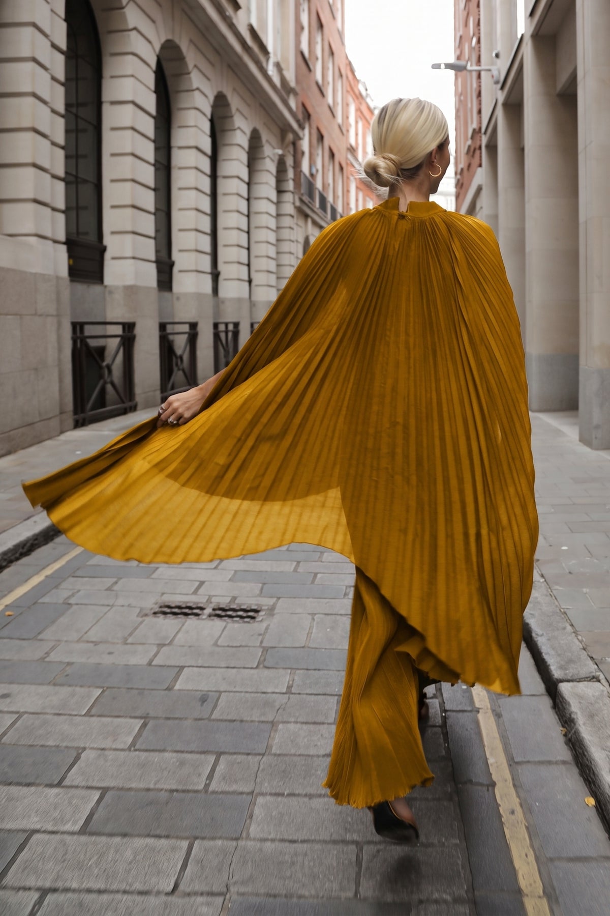Pleated Cape Top, Vest &amp; Wide Leg Trouser Set In Mustard Yellow
