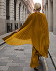 Pleated Cape Top, Vest & Wide Leg Trouser Set In Mustard Yellow