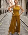 Pleated Cape Top, Vest & Wide Leg Trouser Set In Mustard Yellow
