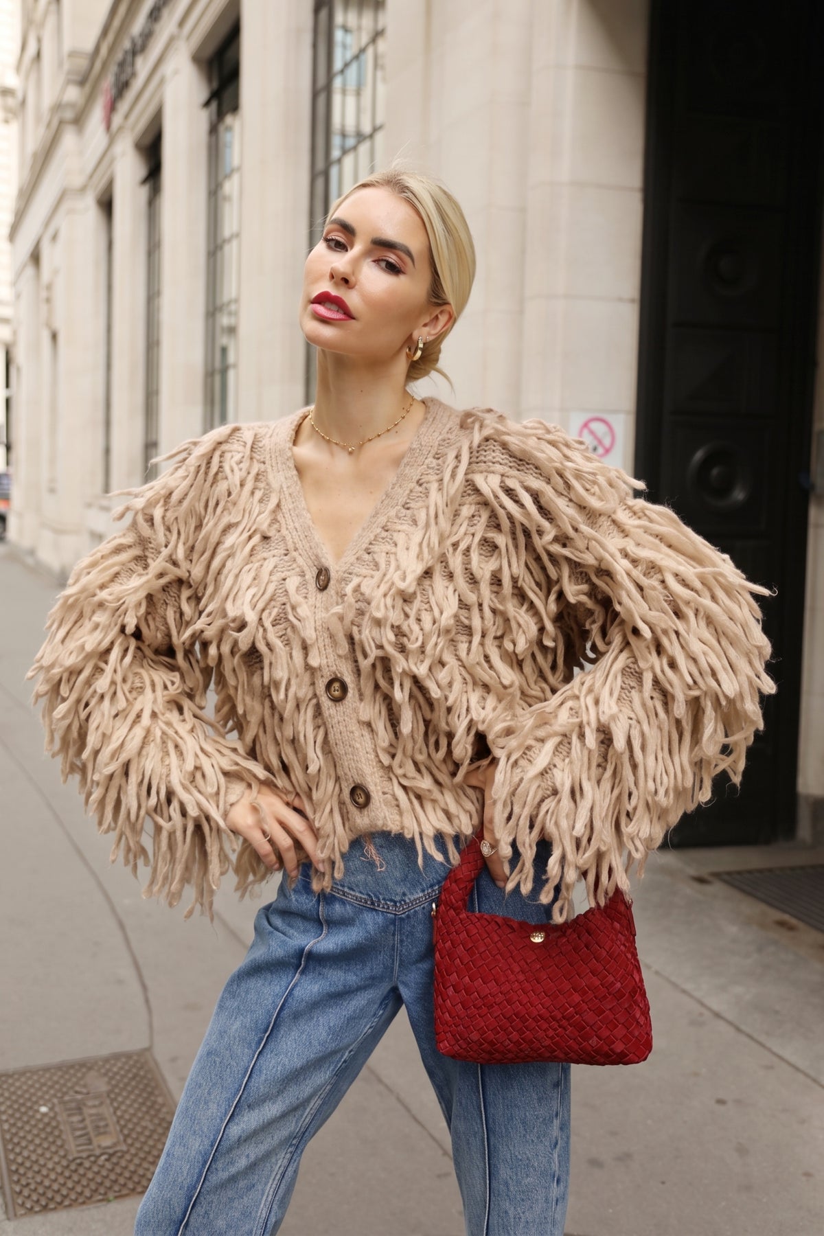 Statement Shaggy Fringe Hand-Knit Cardigan in Light brown