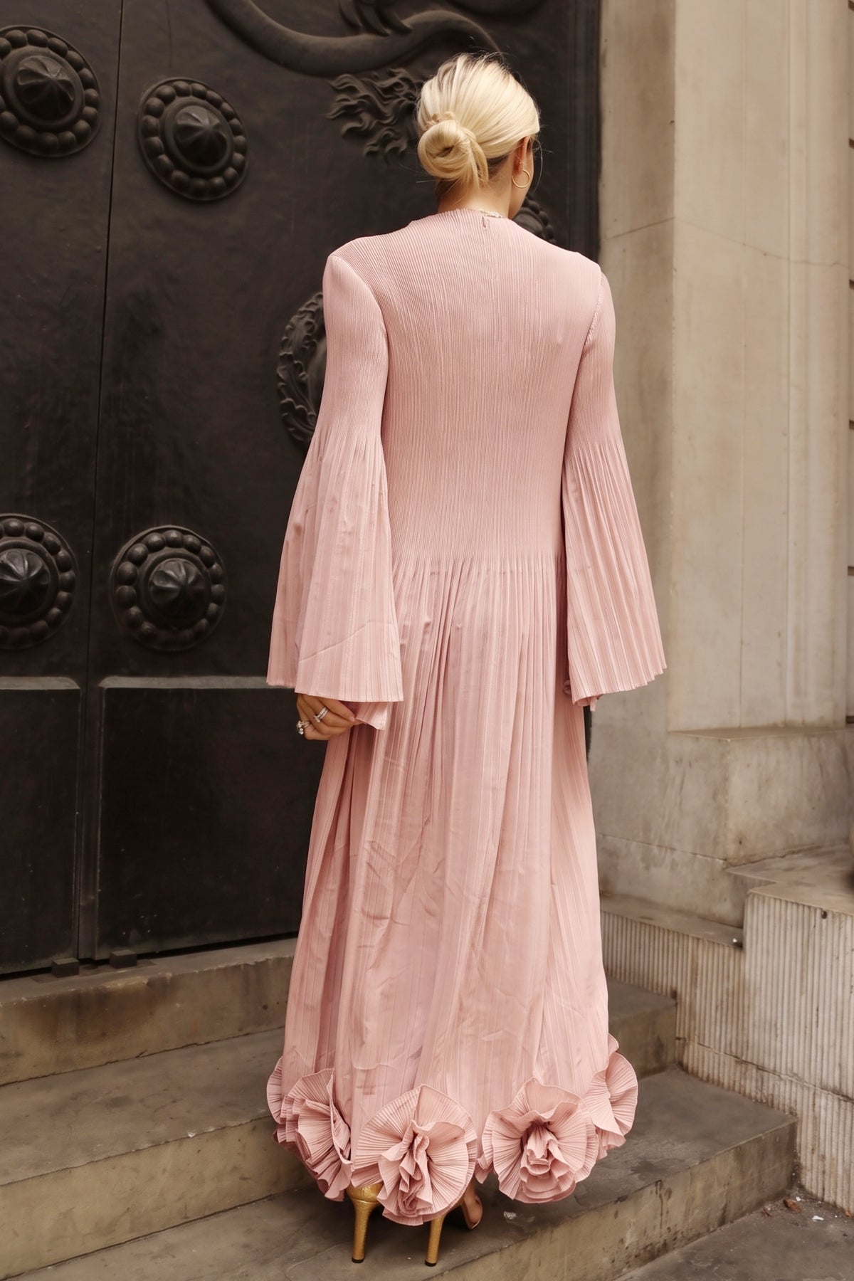 3D Floral Appliqué Pleated Maxi Dress with Statement Flare Sleeves