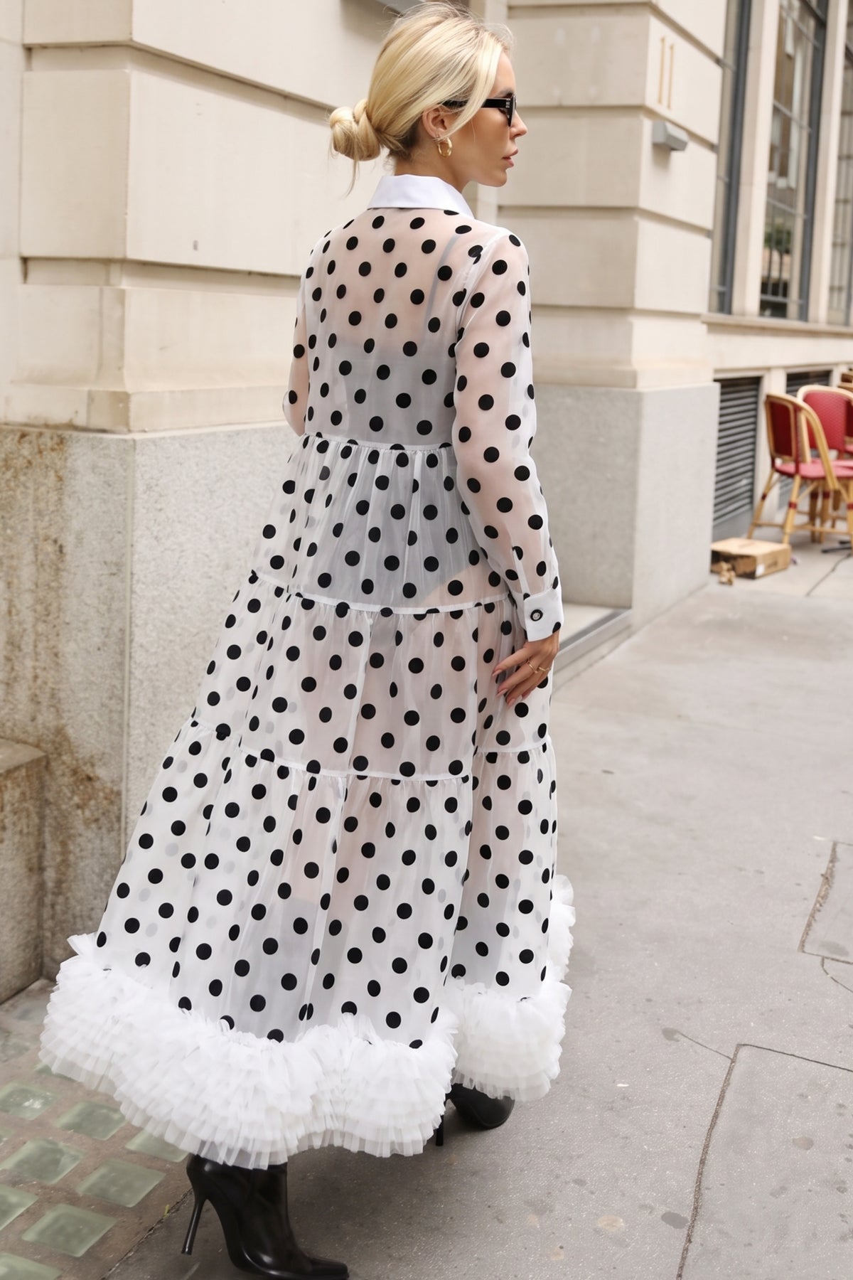 Polka Dot Sheer Tiered Button Down Maxi Shirt Dress