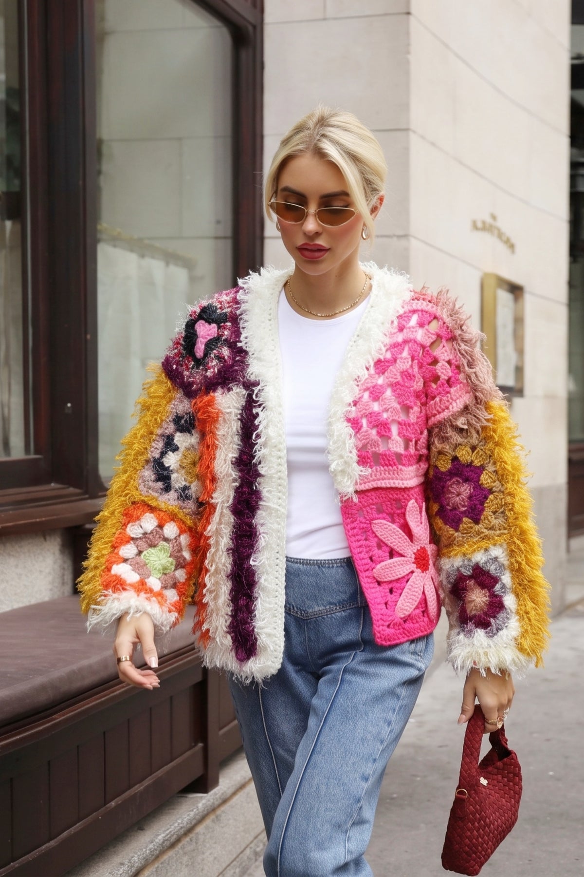 Hand Crochet Floral Patchwork Shaggy Statement Cardigan