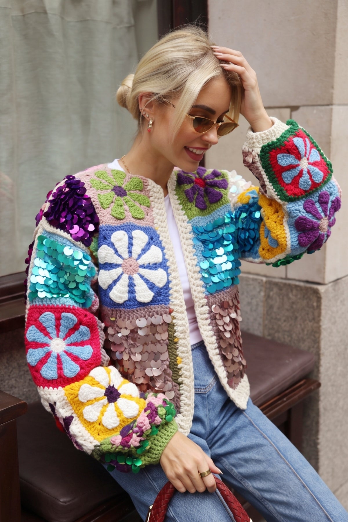 Hand Crochet Sequin Floral Granny Square Statement Cardigan