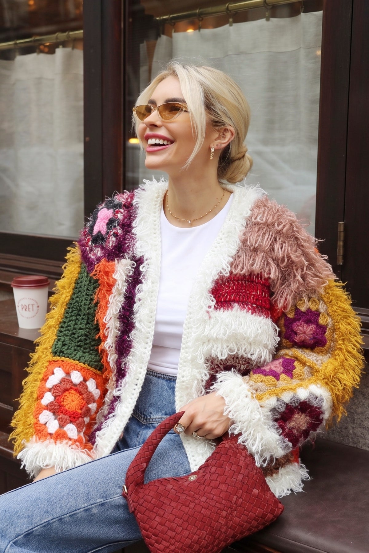 Hand Crochet Floral Patchwork Shaggy Statement Cardigan