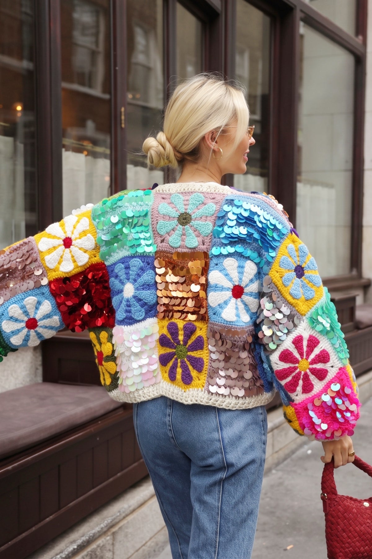 Hand Crochet Sequin Floral Granny Square Statement Cardigan