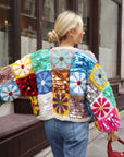 Hand Crochet Sequin Floral Granny Square Statement Cardigan