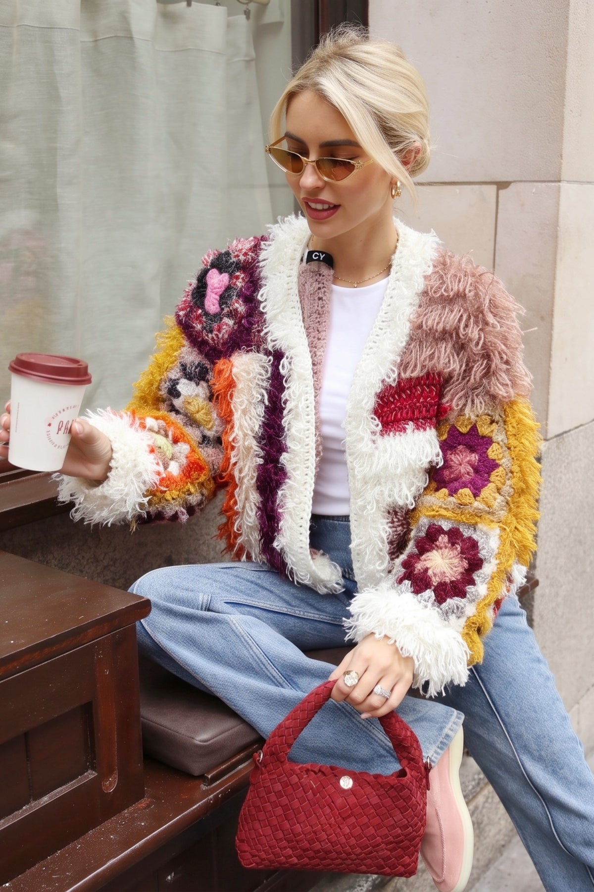 Hand Crochet Floral Patchwork Shaggy Statement Cardigan