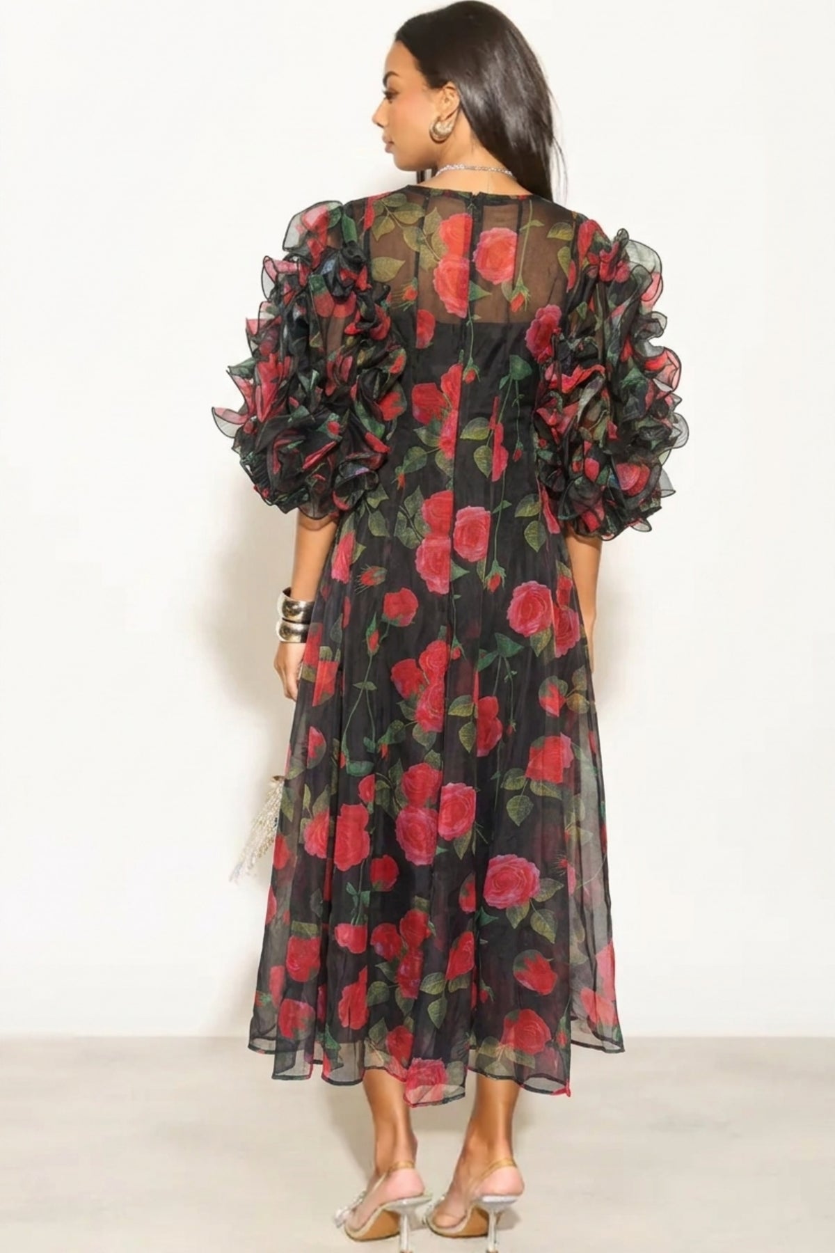 Statement Rose Print Ruffle Sleeve Mesh Maxi Dress