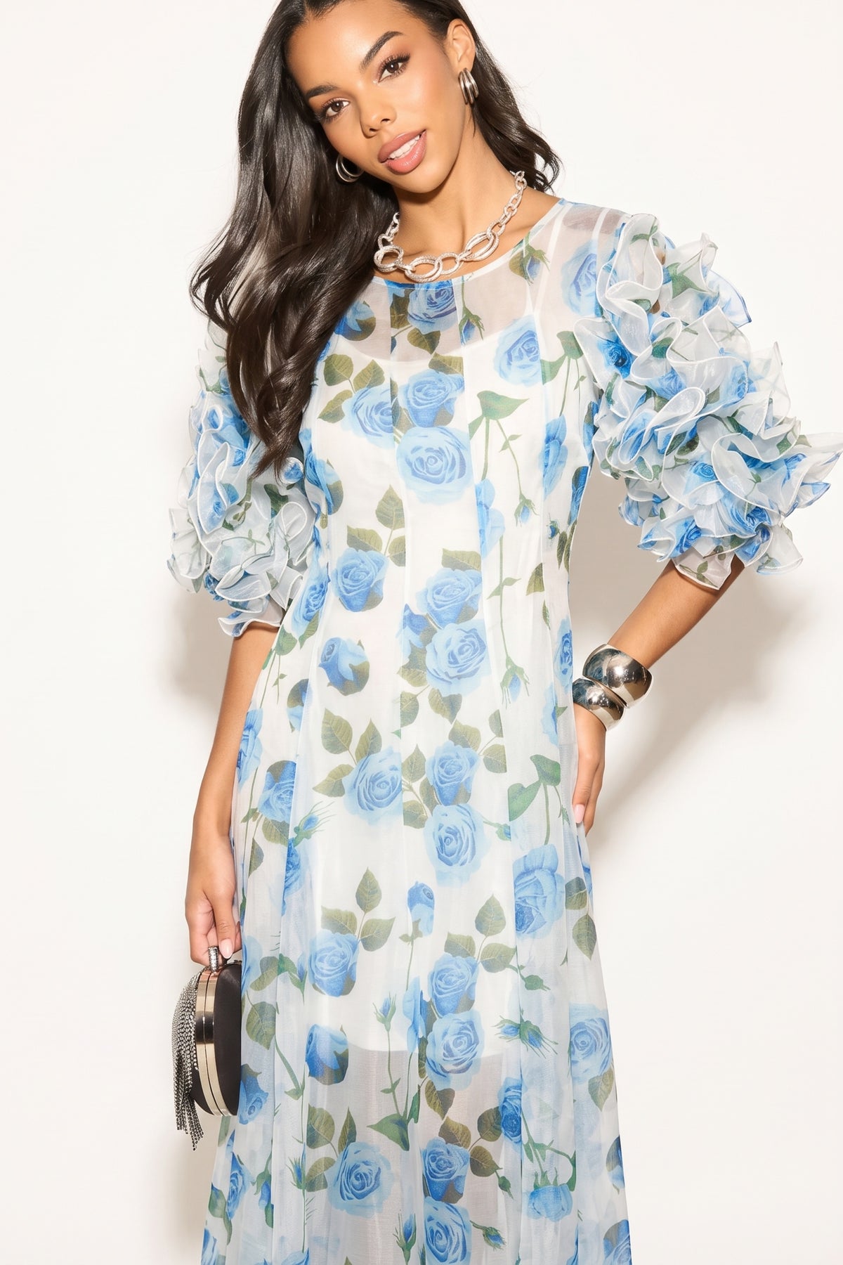Statement Rose Print Ruffle Sleeve Mesh Maxi Dress